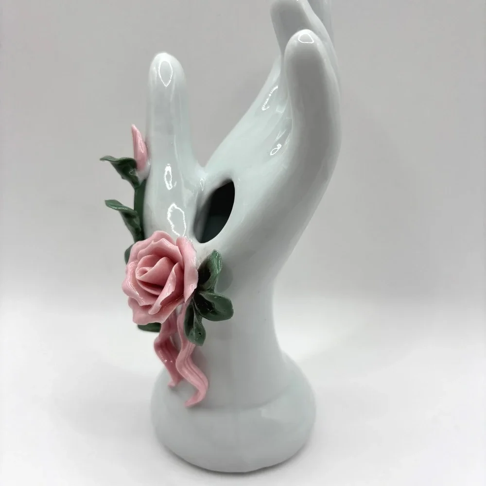 Vintage Porcelain Hand Bud Vase Ring Holder Pink Roses Hand Painted EUC